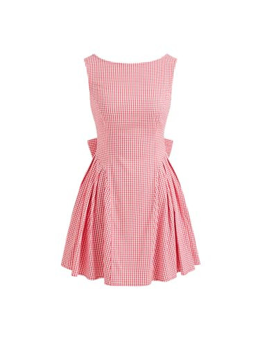 CIDER Mini Dress Plaid Gingham Boat Neck Backless Bowknot Middle Waist Vacation Party Date Dress Red | Amazon (US)