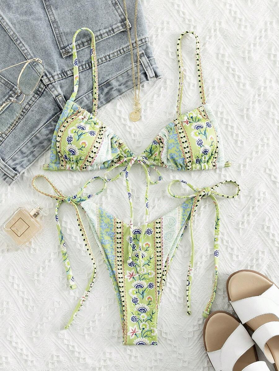 Swim Mod Summer Beach Paisley & Ditsy Floral Tie Side Bikini Set | SHEIN