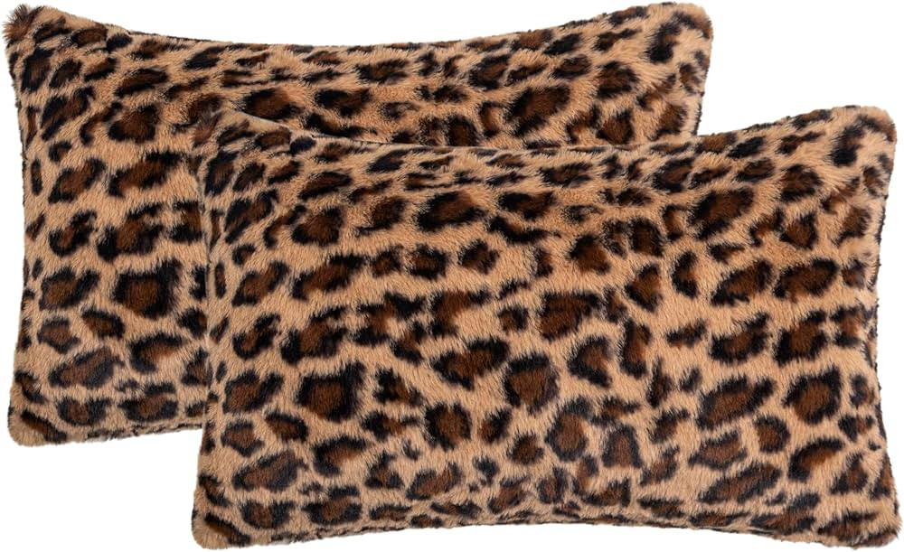 Leopard Print Faux Fur Throw Pillow Covers, 12x20 Inch, Set of 2, Soft Plush Animal Print Decorat... | Amazon (US)