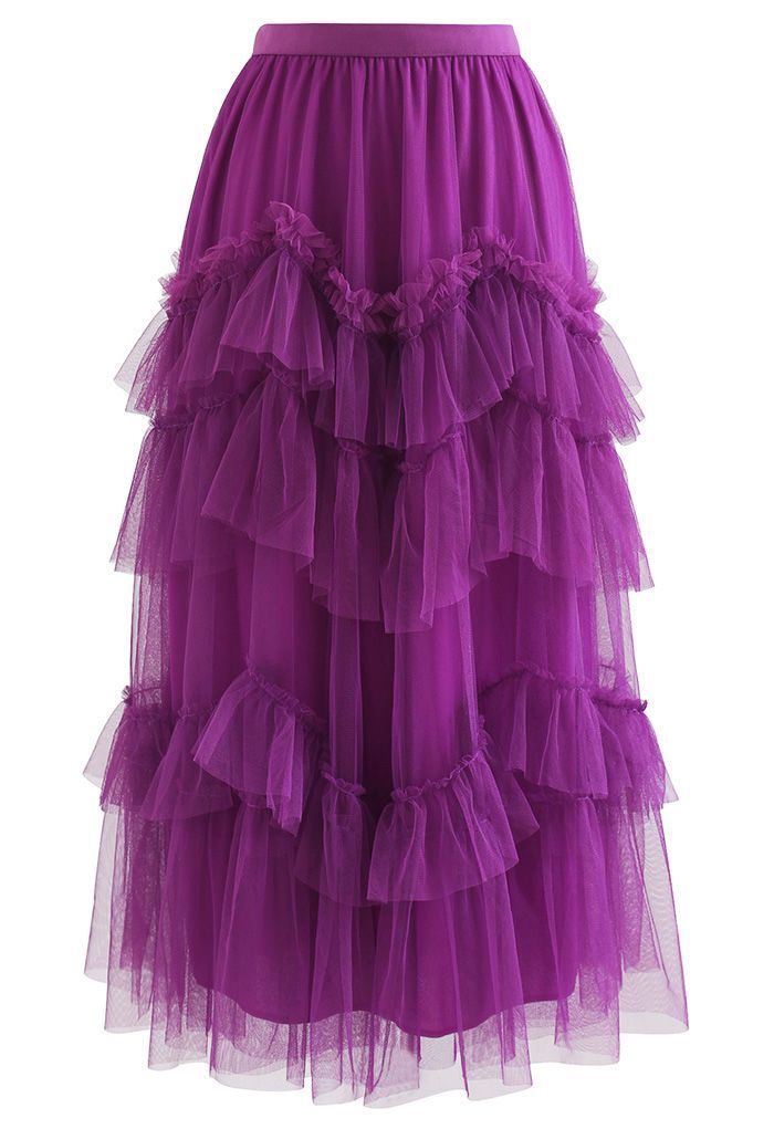 Exquisite Tiered Ruffle Mesh Tulle Skirt in Magenta | Chicwish