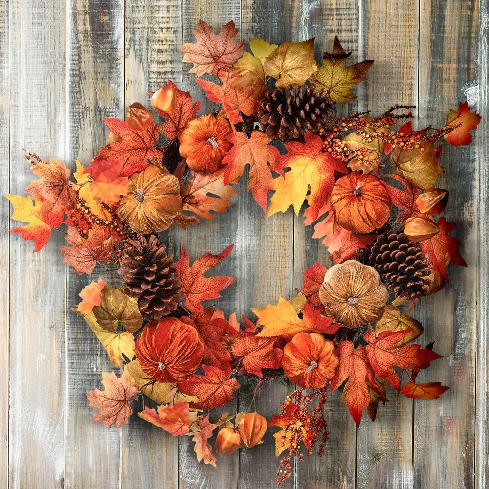 26" Velvet Pumpkin Harvest Leaves Wreath - 26-Inches (Harvest Mix - Centerpieces - 26-Inches - Polye | Bed Bath & Beyond
