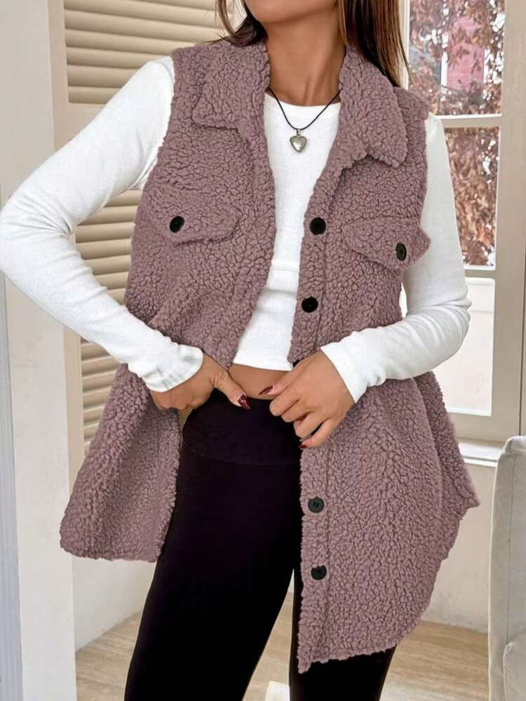 Cozy Teddy Sherpa Vest For Women - Longline Button-Up Winter Outerwear Women's Oversized Sherpa Vest - Soft Fleece Sleeveless Jacket (Winter Warm) Teddy Sherpa Sleeveless Coat - Women's Cozy Winter Layering Essential Chic Oversized Sherpa Vest - Women's Soft Fleece Button-Front Winter Top Cozy Teddy Sherpa Vest For Women - Winter Warm Sleeveless Outerwear Women's Soft Fleece Sherpa Vest - Oversized Button-Front Winter Layering Top | SHEIN