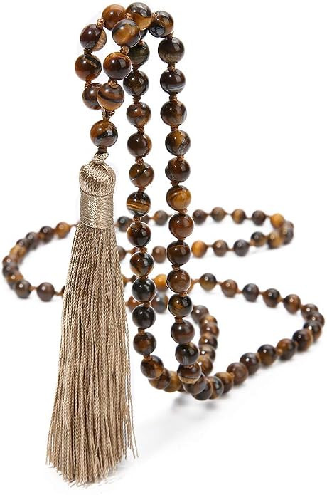 8MM Beads Chakra Long Mala Necklace Natural Stone Meditation Statement Necklace Japa Yoga Buddhis... | Amazon (US)