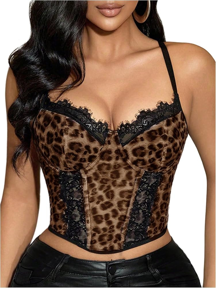 WDIRARA Women's Leopard Lace Corset Bustier Cami Top Lace Up Back Camisole Crop Tops | Amazon (US)
