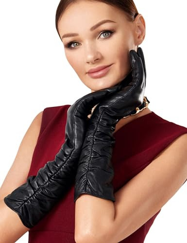 VIKIDEER Luxury Long Leather Gloves Women Plush Lined Touchscreen Warm Soft for Evening Opera or Daily 15.7'' Black Medium | Amazon (US)