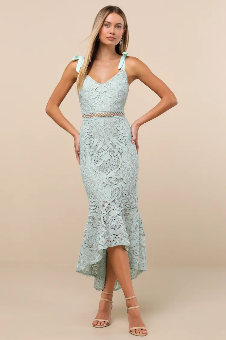 Won Your Heart Sage Green Lace Tie-Strap High-Low Midi Dress | Lulus