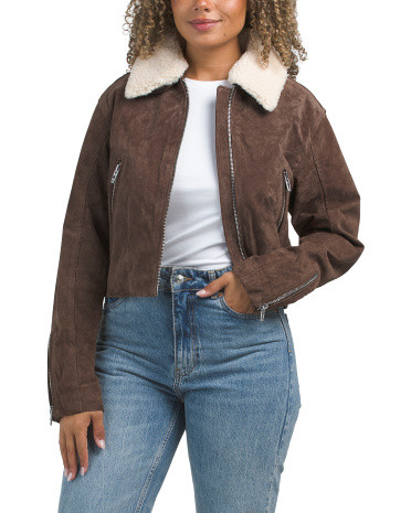 Suede Jacket With Removable Faux Sherpa Collar | TJ Maxx