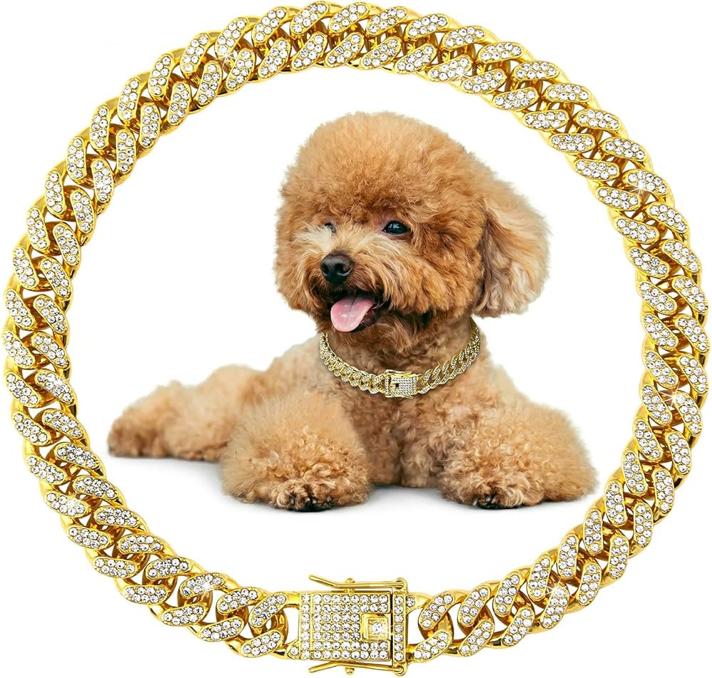 Dog Collar Gold Plated - Cuban Link Chain with Crystal Accents, Adjustable Luxury Jewelry Collar ... | Amazon (US)