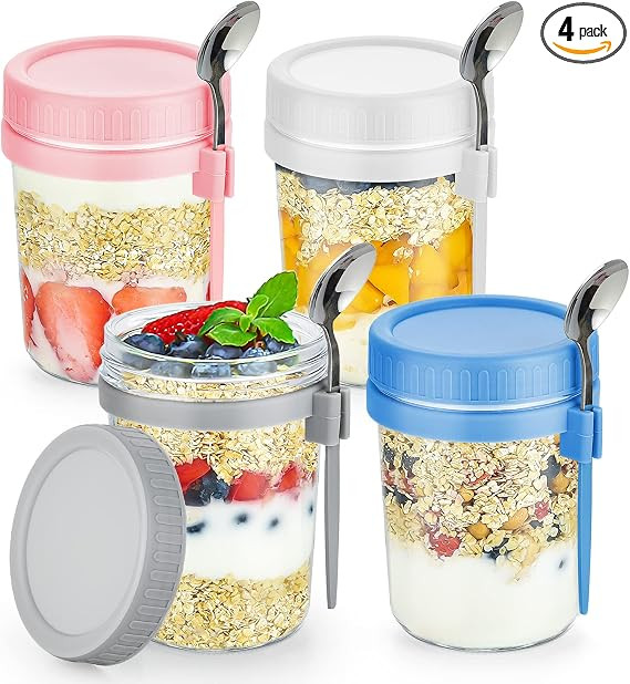 DRKIO 4 Pack Overnight Oats Containers with Lids and Spoons 16 Oz Glass Mason Jars for Overnight ... | Amazon (US)