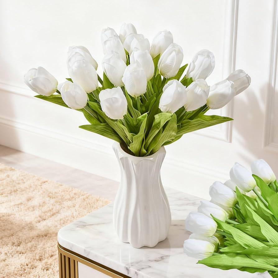 Artificial Tulips 20 Stems (White) Silk Flowers for Wedding Spring Bouquet Home Decoration Office... | Amazon (US)