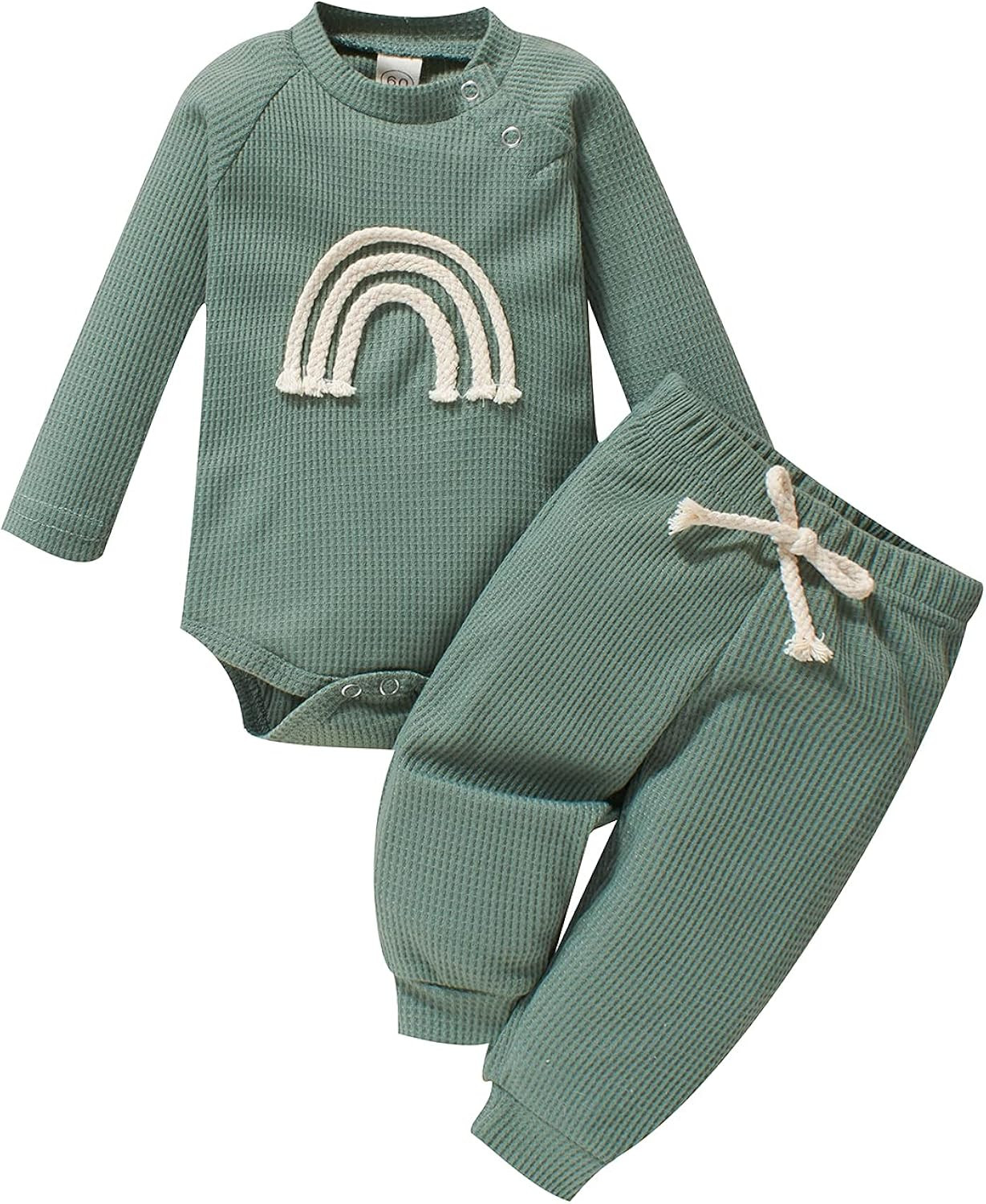 Fall Winter Newborn Baby Boy Girl Clothes Long Sleeve Rainbow Romper Tops Pants 2Pcs Infant Solid Ou | Amazon (US)