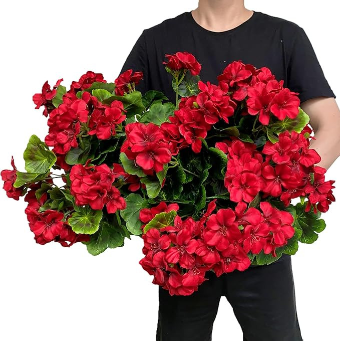 Pack of 4 - Artificial Geraniums Bundles Full Blooms Silk Flower Plants Geranium Bush Red Color f... | Amazon (US)