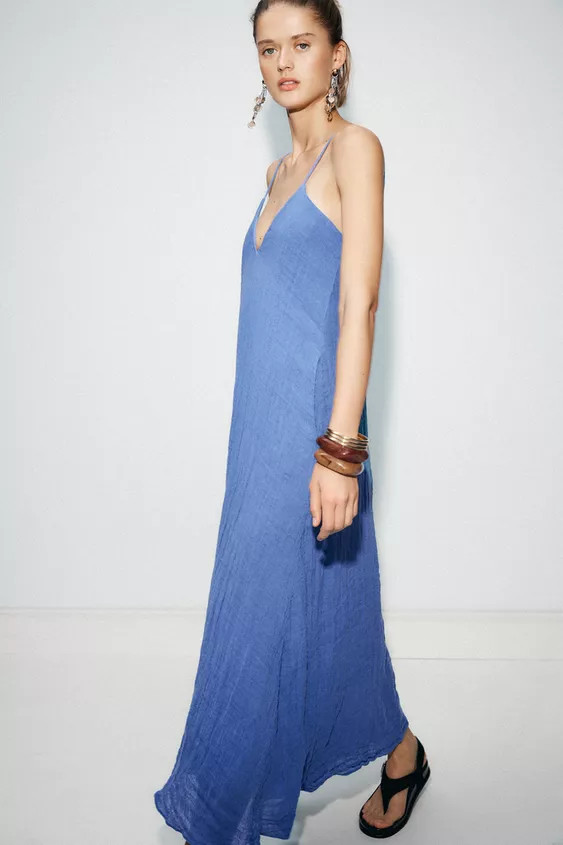 LINEN BLEND DRESS ZW COLLECTION Ink blue Ecru | Zara US