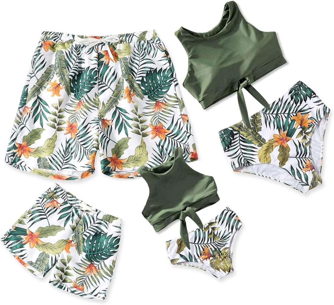 IFFEI Family Matching Swimsuits Two Pieces Bikini Set Floral Leaf Printed Mommy and Me Bathing Su... | Amazon (US)