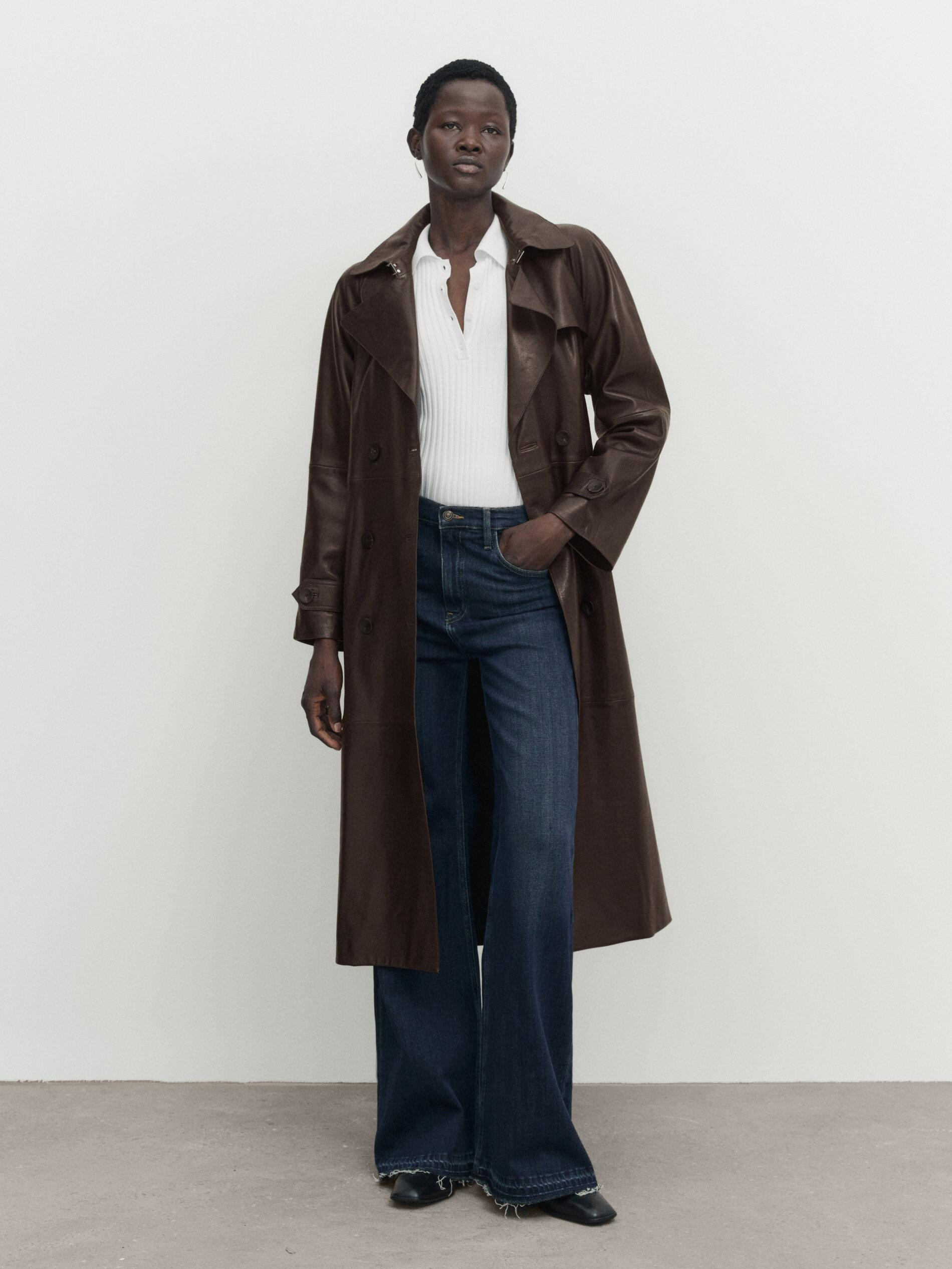 Nappa leather trench-style coat with belt | Massimo Dutti UK