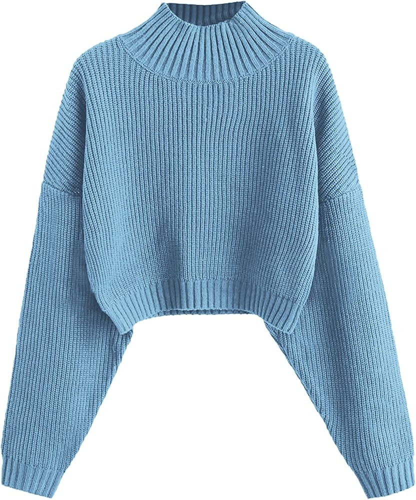 ZAFUL Women's Cropped Turtleneck Sweater Lantern Sleeve Ribbed Knit Pullover Sweater Jumper | Amazon (US)