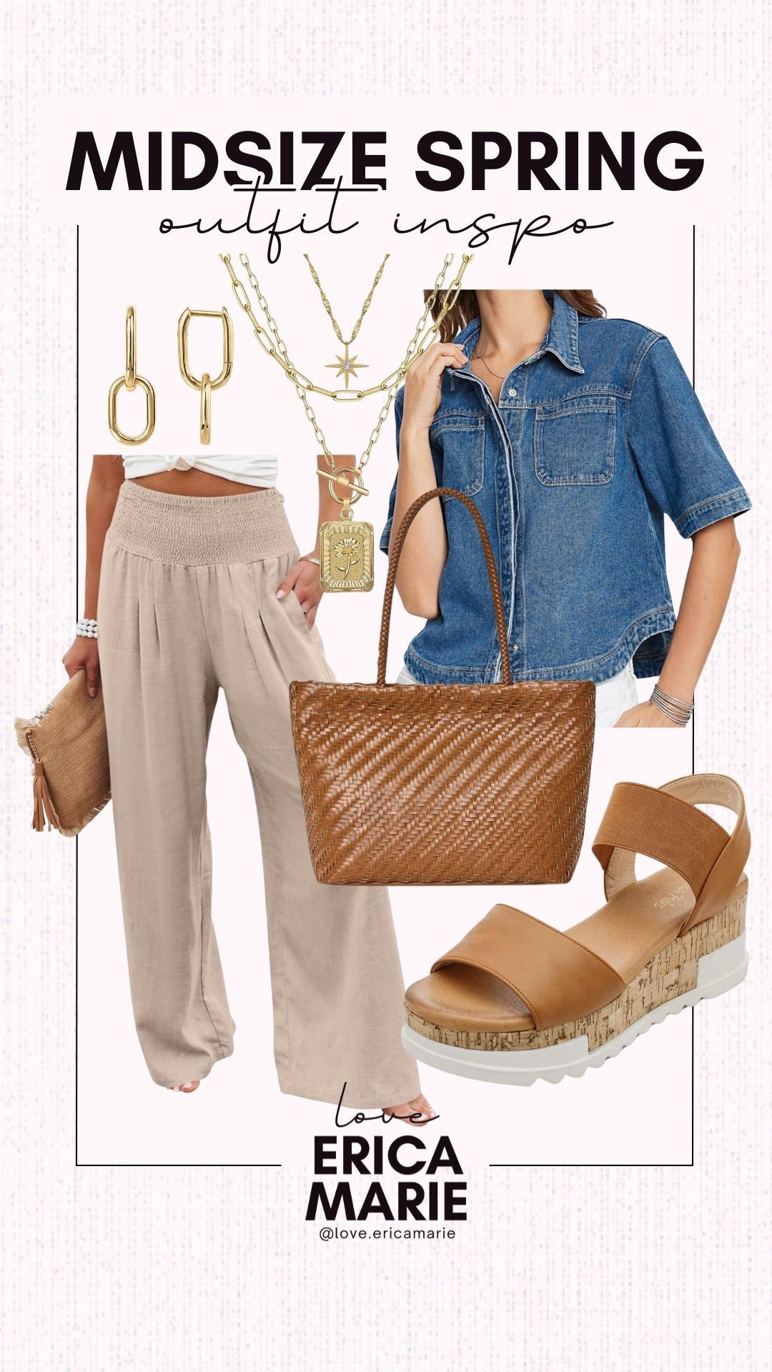 These wide-leg, flowy Amazon pants are a must for spring days when jeans and shorts are a no. They’re incredibly comfy, mom approved and can be styled so many ways. They look so chic with this boxy denim top, brown bag and sandals and gold accessories. 
Casual mom outfit, midsize mom outfit inspo 

#LTKMidsize #LTKSeasonal #LTKOver40