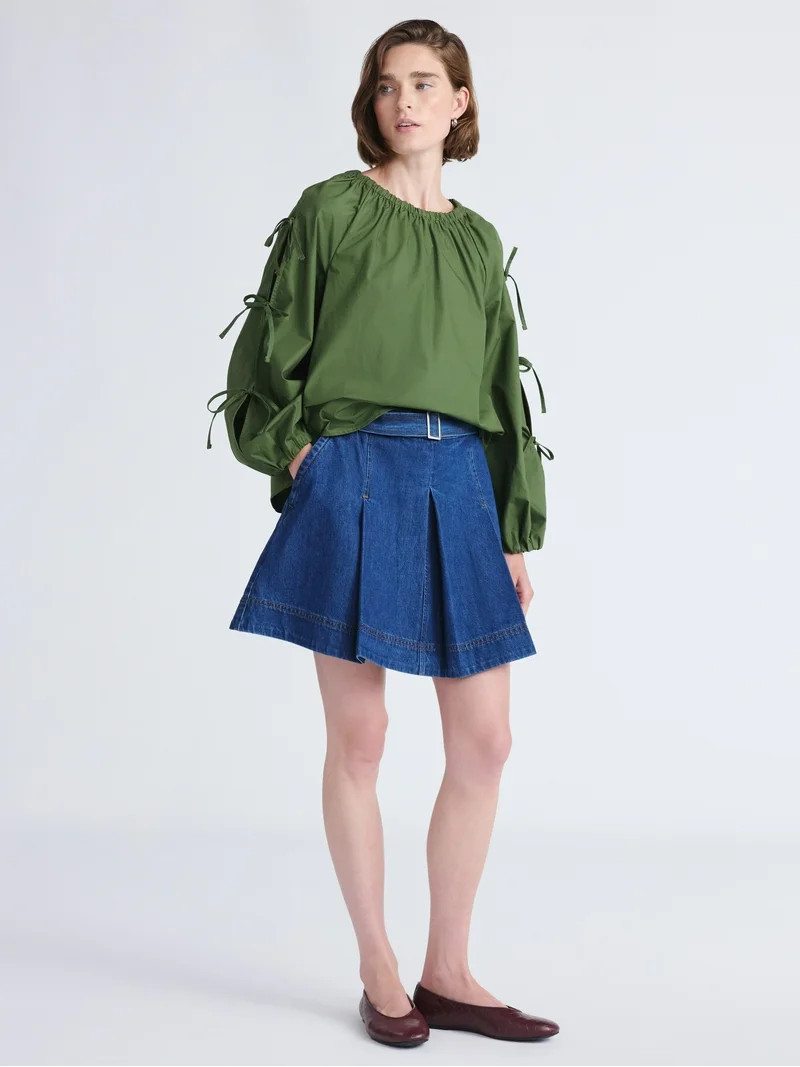 Free Assembly Women's and Women's Plus Gathered Neck Cotton Top with Long Tie Sleeves, Sizes XS-4... | Walmart (US)