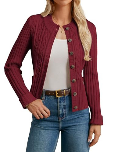 Women Button Up Cable Knit Sweater, Burgundy Cropped Cardigan, Chunky Sweater Jackets Winter Clothing M | Amazon (US)