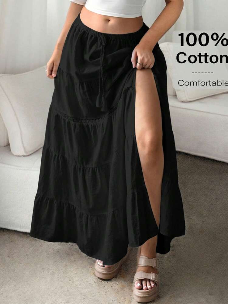 Auralis Plus Size Summer Casual Solid Color High Slit Skirt | SHEIN