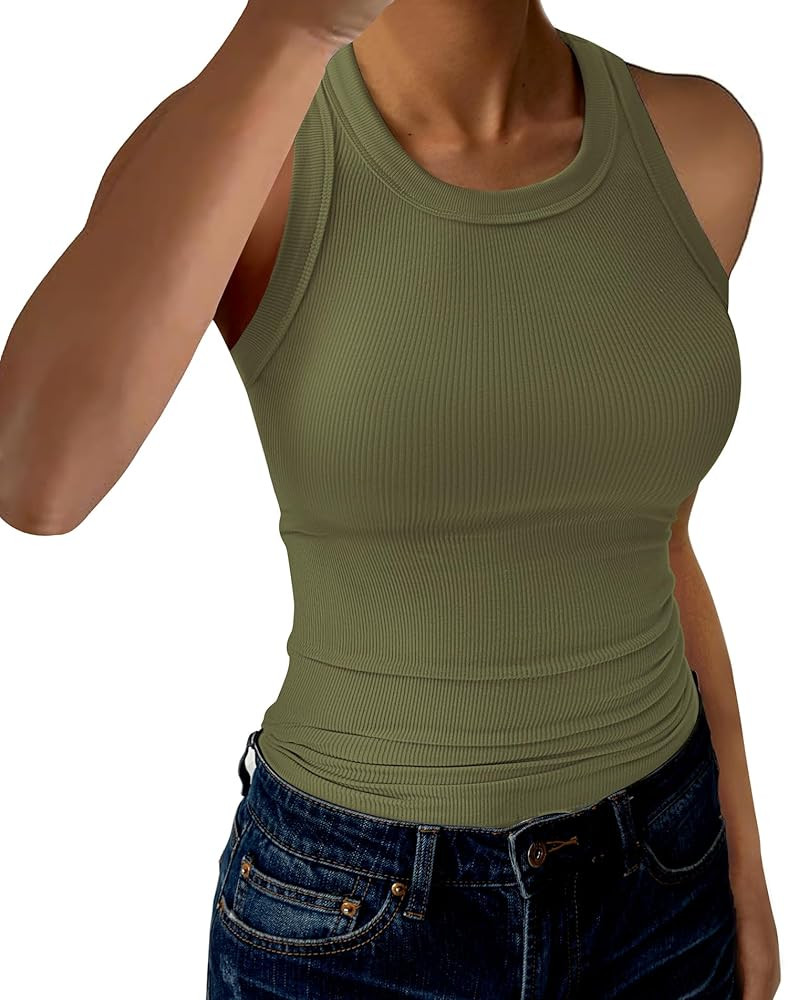 Womens Tank Tops High Neck Sleeveless Ribbed Tank Casual Basic Thick Strap Slim Fitted Racerback ... | Amazon (US)