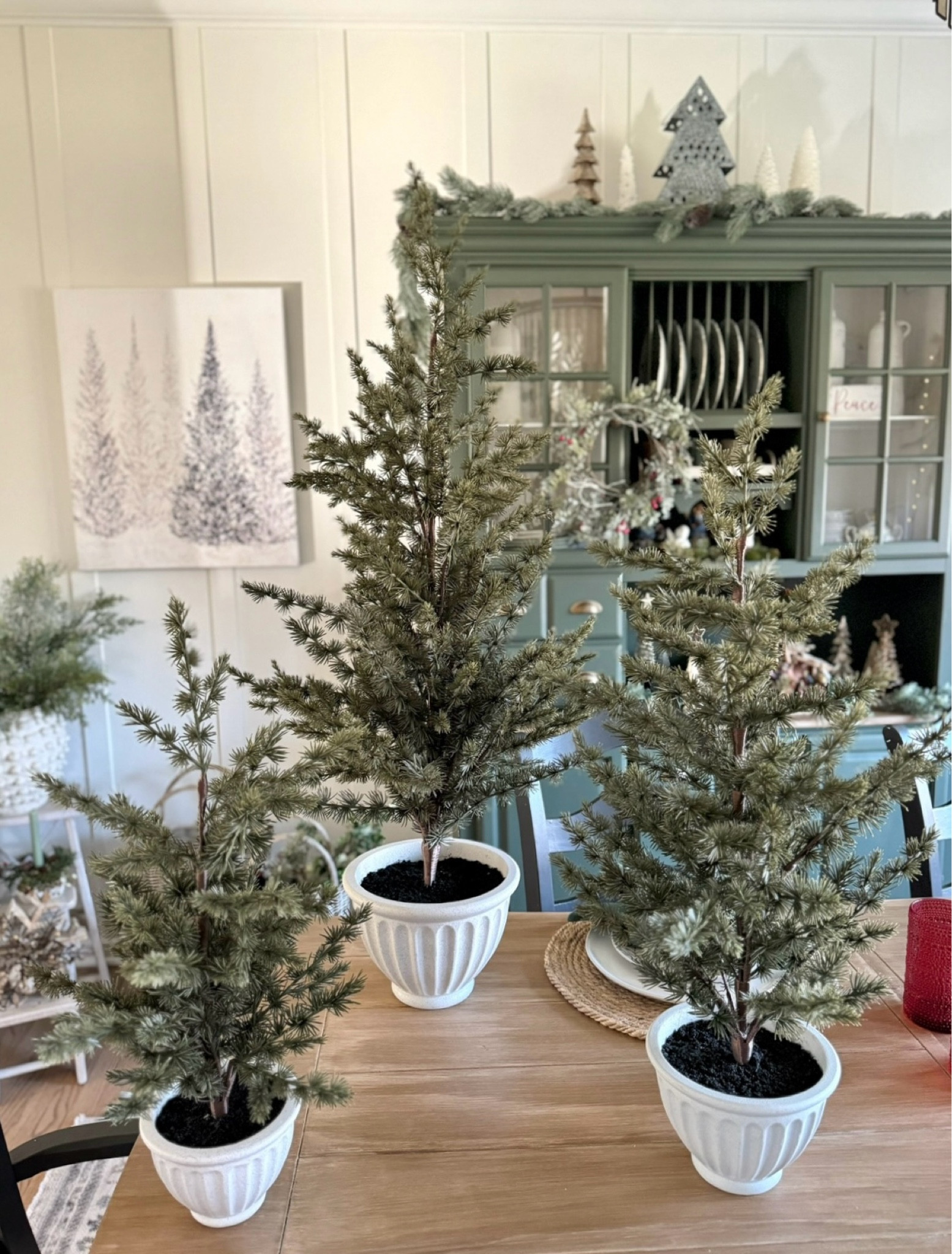 Gorgeous tabletop tree with pretty fluted pot. Comes in various sizes. Monochromatic winter canvas wall prints. Red hobnail glasses. Neutral round placemats and white stoneware plates. 

#LTKHome #LTKSeasonal #LTKFindsUnder50