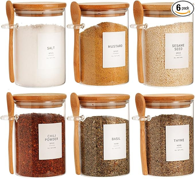6 Pcs Glass Jar with Bamboo Lid and Spoon - 17 oz Large Sugar Container with 148 Kitchen Pantry S... | Amazon (US)