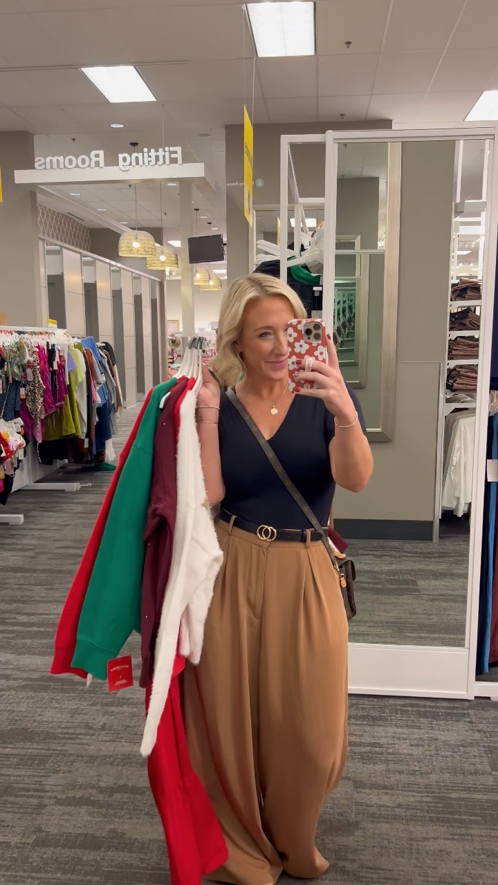 Holiday sweatshirts (and a cozy cardigan) from Target:
• Merry & Bright sweatshirt - size xl (bc that’s what they had).
• Kinda naughty kinda nice - size Large (I suggest sizing up for length).
• snowflake cardigan - sized up to a large. Love the snowflakes and is very cozy!
• jeweled sweatshirt - size medium. 
• embroidered heart sweatshirt - size medium. Has an elastic band at the bottom.
• black pants - size 6. Side zipper.
• jeans - size 6 (short length). 
•• Sandals - tts  