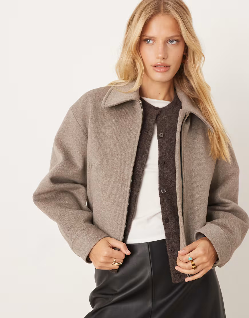 Mango wool mix short zip up jacket in beige-Neutral | ASOS (Global)