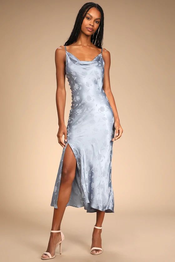 All About You Slate Blue Floral Jacquard Satin Midi Dress | Lulus