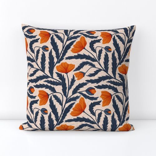 Poppy Flower Blue and Orange Square Throw Pillow Cover bydenesannadesign | Spoonflower