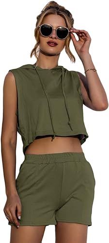 Womens Two Piece Summer Workout Outfits Short Lounge Wear Short Sleeve T Shirts Crop Tops Shorts ... | Amazon (US)