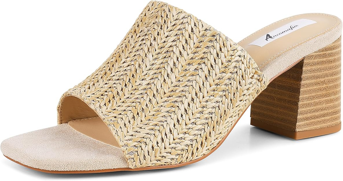 Ancomafio Heeled Sandals for Women，Raffia Sandals 2026 Chunky Heels Square Toe Mules Block Summ... | Amazon (US)