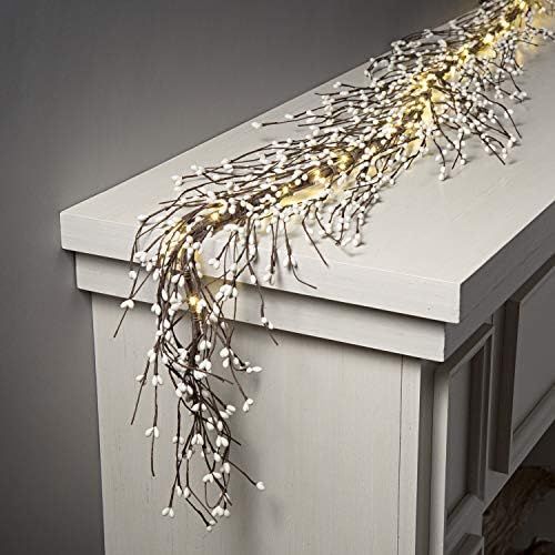 Pip Berry Garland with Lights - 5.5 Feet Long, 100 LED, Brown Twig Branches with White Berries, A... | Amazon (US)
