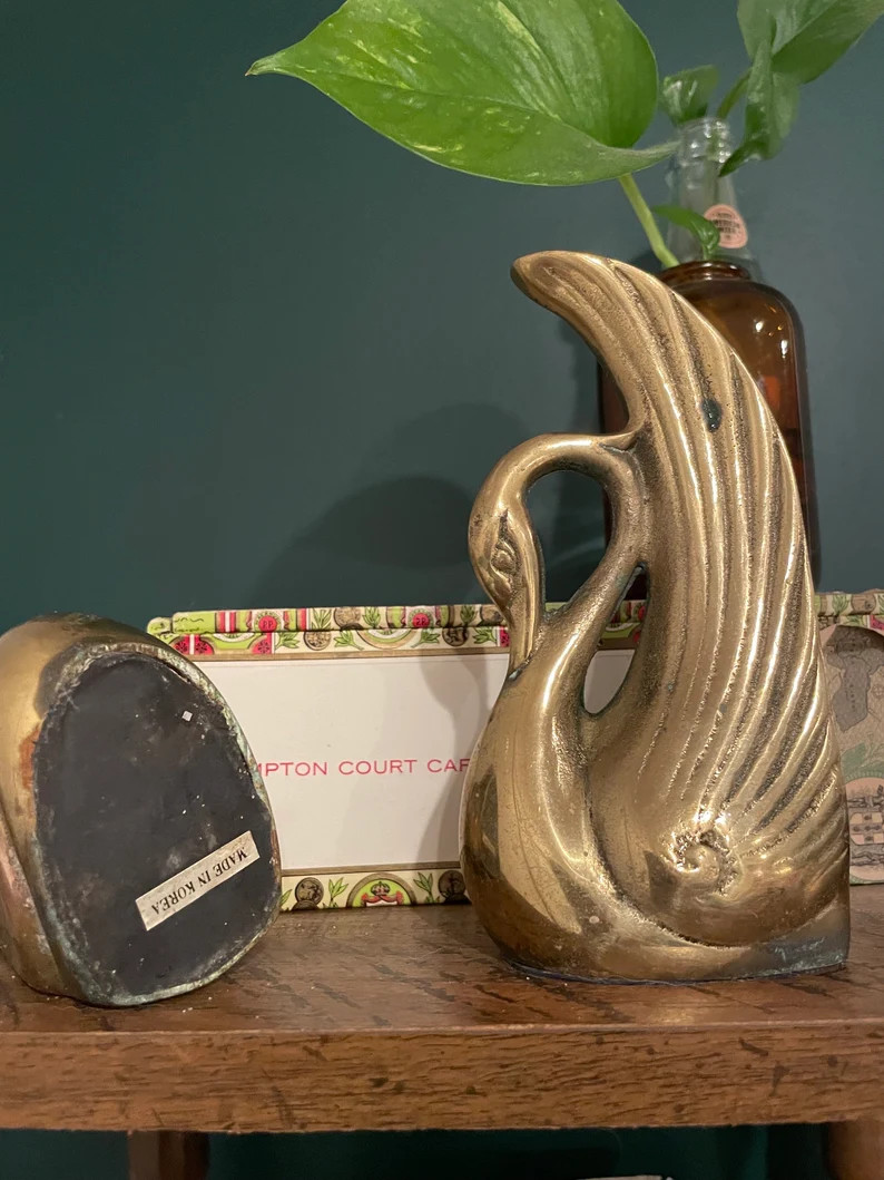 Pair of Vintage Cast Brass Art Deco Swan Bookends with Aging and Patina, circa 1950 READ DESCRIPT... | Etsy (US)