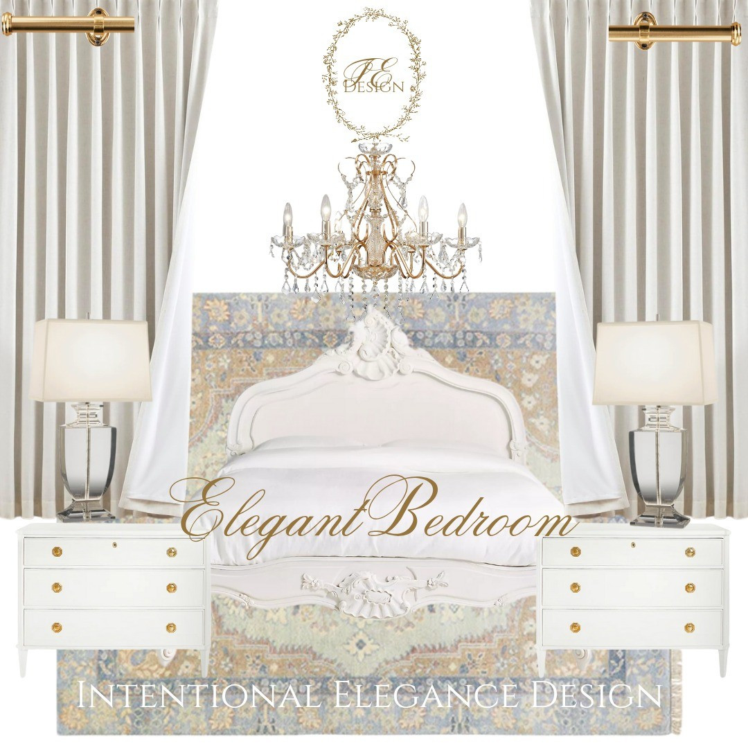 Pre-made Elegant Bedroom Design. Beautiful white, cream and blue tones. Perfect for a relaxing, elegant bedroom. Elegant bedroom, elegant bedroom designs, white blackout curtains, Caitlin Wilson rug, crystal lamps, white and gold night stand, Parisian French rug, crystal gold chandelier, bedroom designs  

#LTKStyleTip #LTKHome