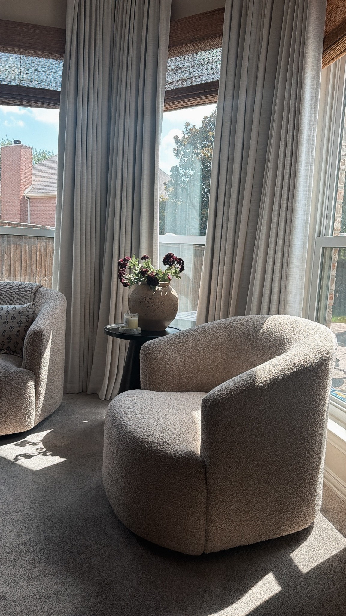 My boucle walmart swivel chairs are in stock in this taupe color! Love these so much a year later 🤎 vase and stems are hobby lobby!

#LTKHome