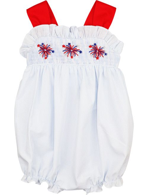 Blue Mini Stripe Smocked Fireworks Bow Bubble - Shipping Mid-June | Cecil and Lou