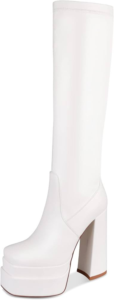 wetkiss Stacked Platform Knee High Boots for Women, Chunky High Heeled Black PU Leather Boots Squ... | Amazon (US)