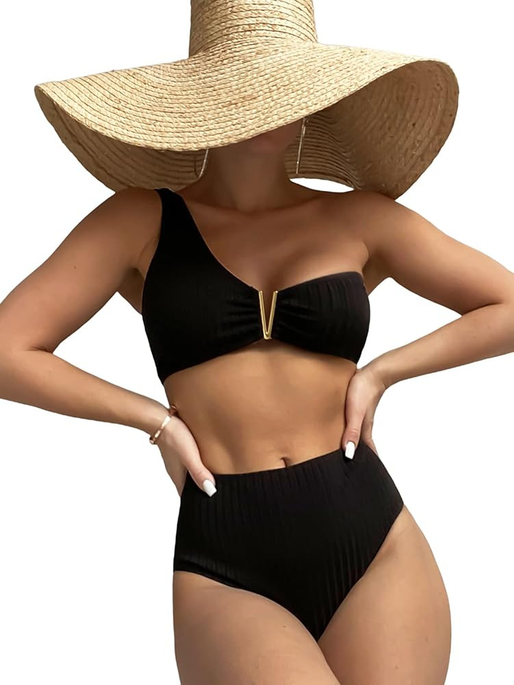 WDIRARA Women's Ruffle One Shoulder Asymmetric Solid Bikini Bathing Suit 2 Piece Swimsuit | Amazon (US)