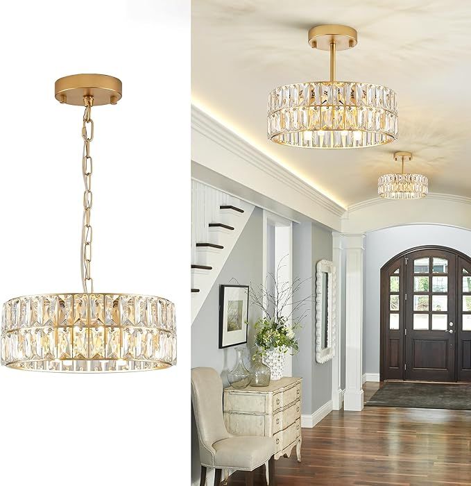 CATINER Crystal Ceiling Light,Gold Semi Flush Mount Chandelier 4-Ligh Drum Crystal Pendant Light ... | Amazon (US)