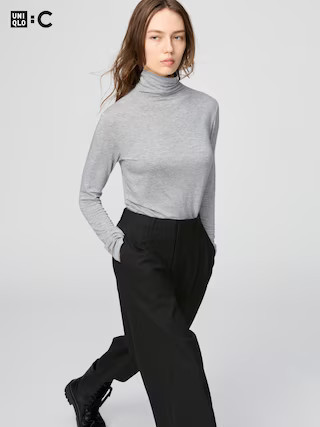 Women's HEATTECH Cashmere Blend T-Shirt Extra Warm Turtleneck with Moisture-Wicking Gray 2XL UNIQLO US | UNIQLO (US)