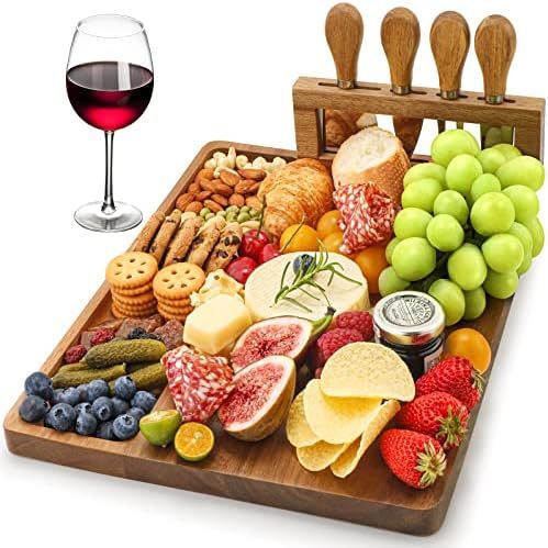 Easoger Acacia Cheese Board and Knife Set - 14” x 11” Large Charcuterie Boards Set, Cheese Tr... | Amazon (US)