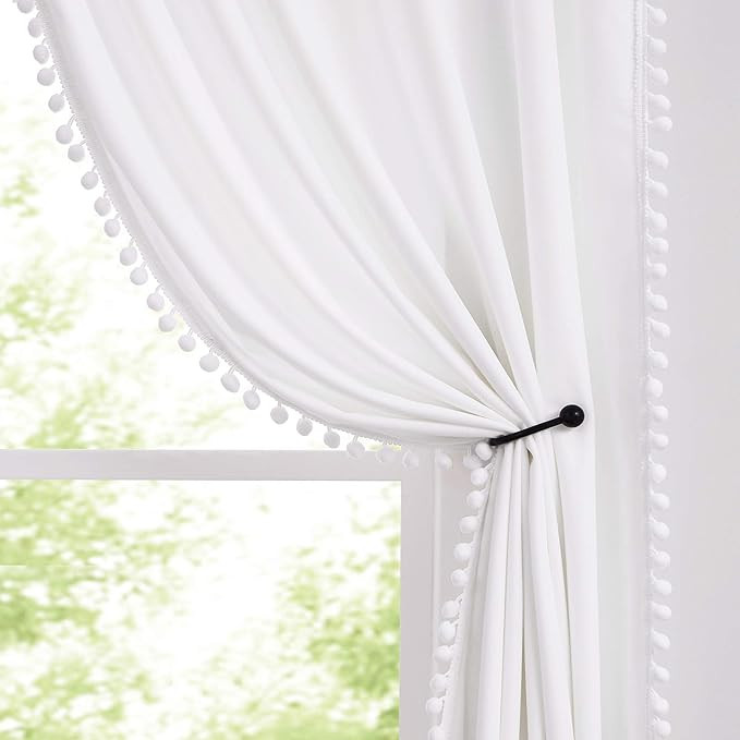 Treatmentex Pom-Pom White Velvet Curtains 84inches Long for Living Room Decorative Room Darkening... | Amazon (US)