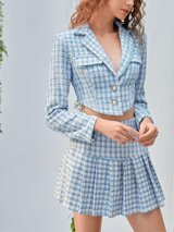 SHEIN MOD Double Button Front Tweed Blazer & Pleated Skirt | SHEIN