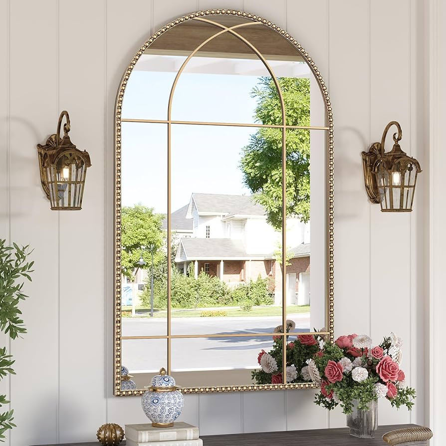 Arched Gold Antique Mirror, 24" x 40" Arch Window Mirrors with Beaded Metal Frame, Vintage Gold A... | Amazon (US)
