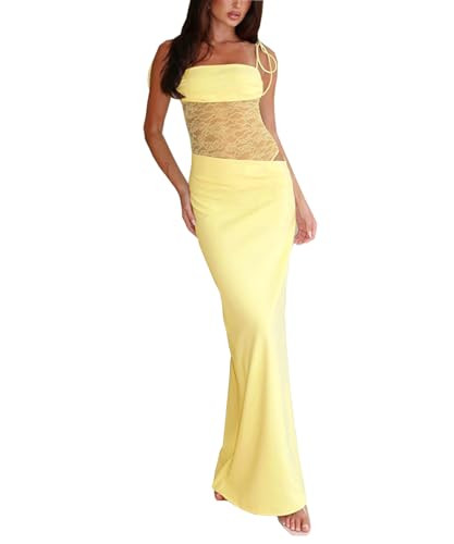 GRMLRPT Women Sexy Lace Patchwork Maxi Dress Spaghetti Straps Y2K Sheer Long Bodycon Club Cocktail Long Dresses,Yellow,L | Amazon (US)