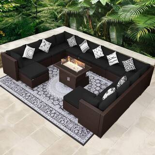 15-Piece Wicker Outdoor Sectional Patio Furniture Conversation Set with 60,000 BTU Fire Pit Table, Black Cushions | The Home Depot