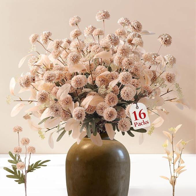 Alupssuc 16PCS Faux Silk Pompon Mums Artificial Flowers with Eucalyptus, Fake Chrysanthemum Flora... | Amazon (US)