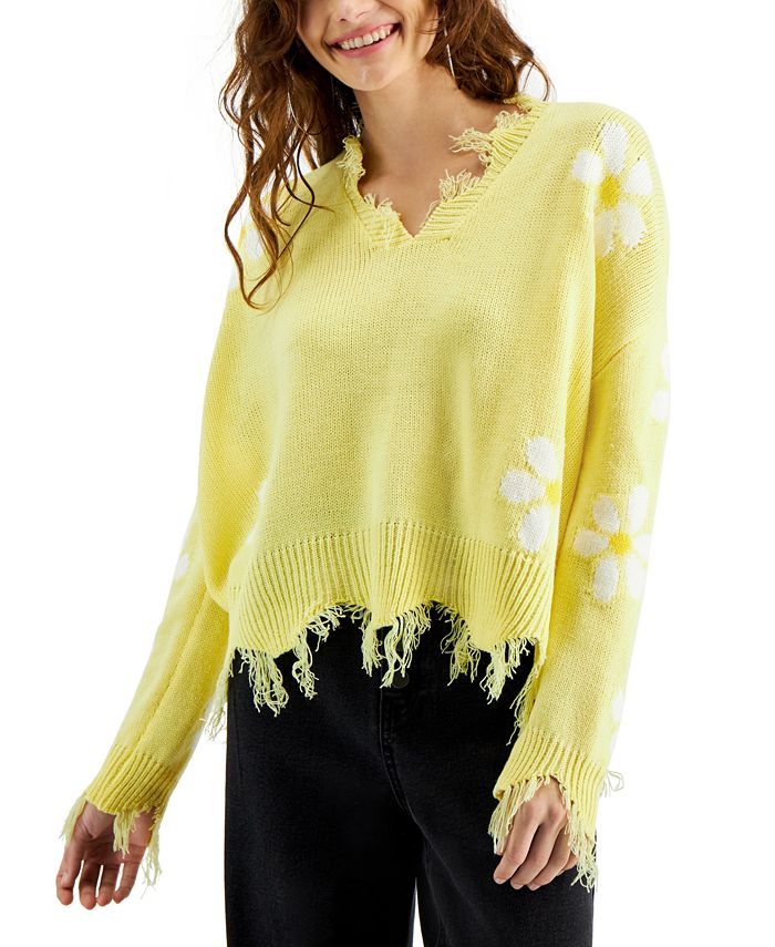 Juniors' Daisy-Print Destructed Sweater | Macys (US)